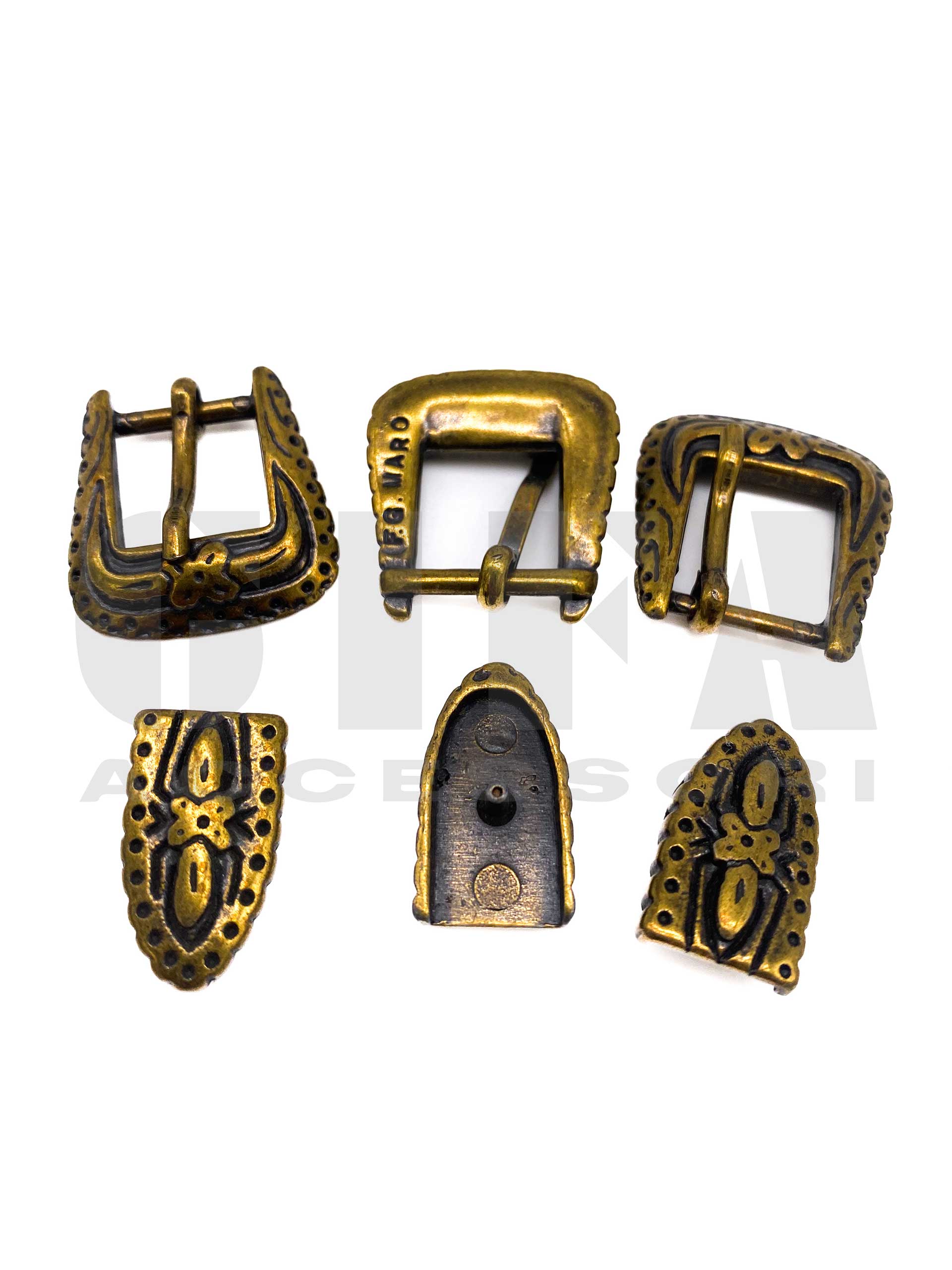 Fibbia lavorata completa di terminale 1,5 cm Ottone vecchio